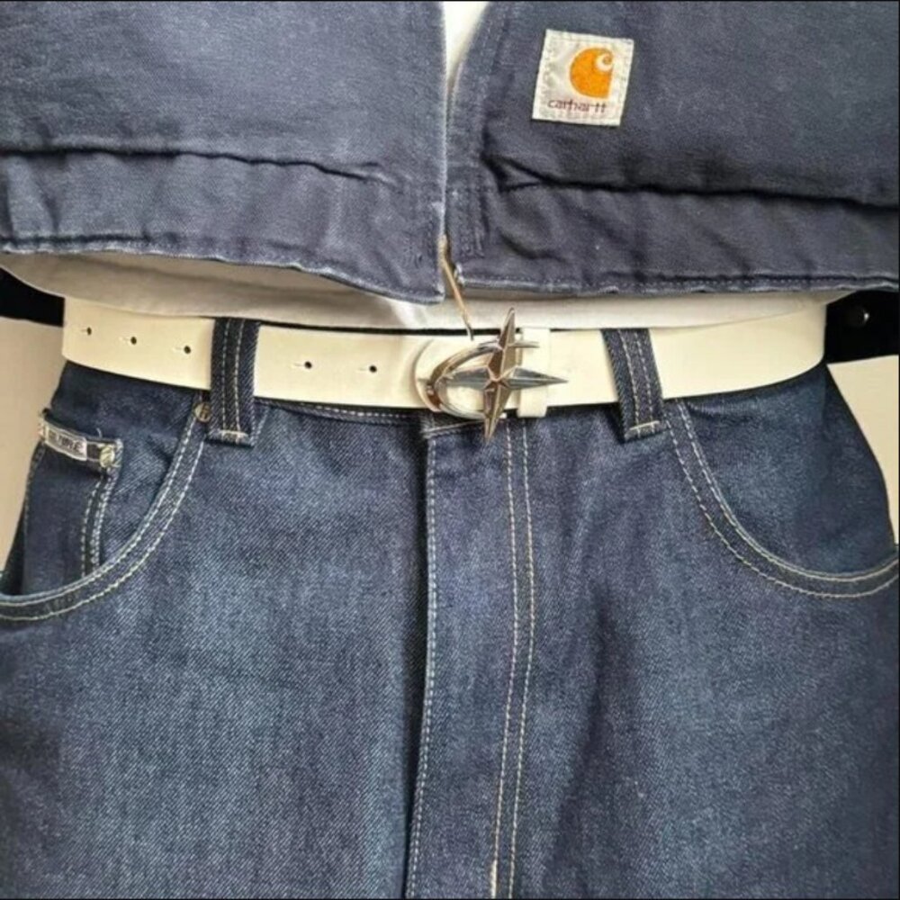 chrome star futuristic emblem white and silver slim belt